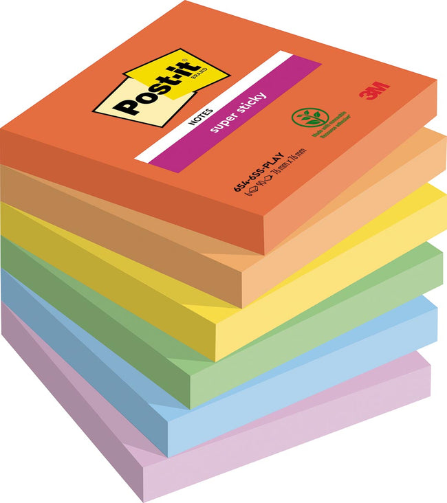 Post-it - Super Sticky Notes Playful, 90 vel, ft 76 x 76 mm, geassorteerde kleuren, pak van 6 blokken