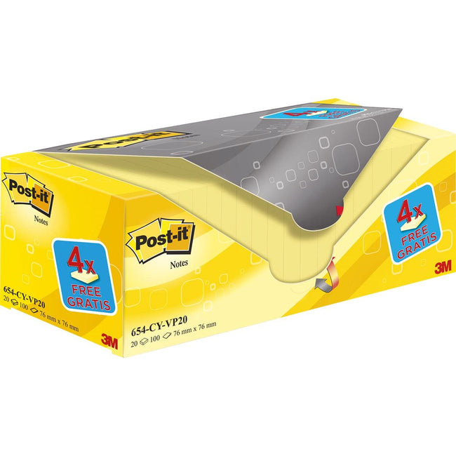 Post-it -  Notes, 100 vel, ft 76 x 76 mm, geel, pak van 16 blokken + 4 gratis