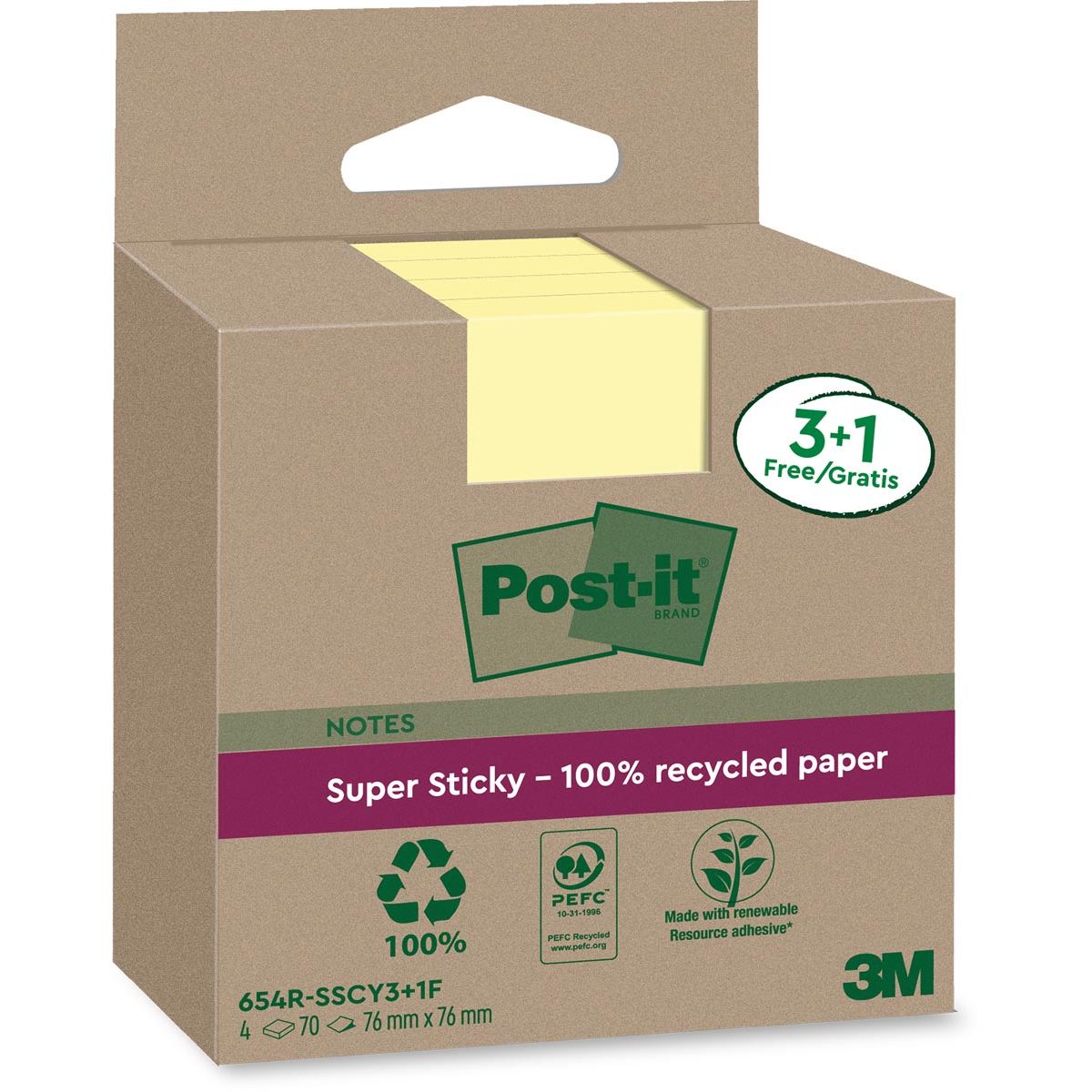 Post-it - Quaderni Super Sticky Riciclati, 70 fogli, ft 76 x 76 mm, giallo, 3 + 1 GRATIS