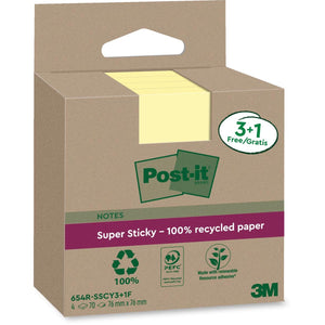 Post-it - Super Sticky Notes Recycled, 70 sheets, ft 76 x 76 mm, yellow, 3 + 1 FREE