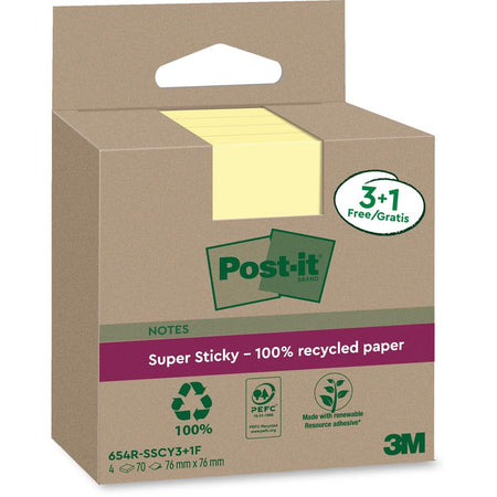 Post-it - Super Sticky Notes Recycled, 70 sheets, ft 76 x 76 mm, yellow, 3 + 1 FREE