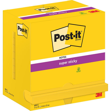 Post-it - Bloc-notes 655 Super Sticky 76x127mm jaune fluo 12 pièces