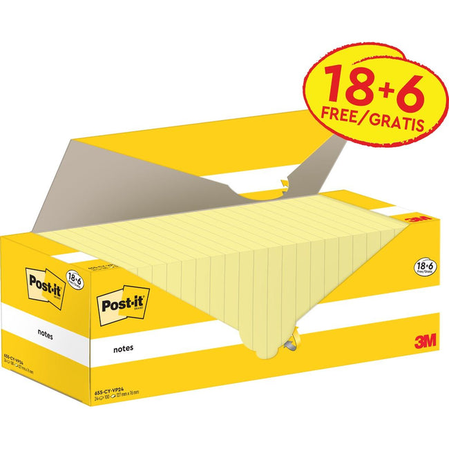 Post-it -  Notes, 100 vel, ft 76 x 127 mm, kanariegeel (canary yellow), 18 blokken + 6 GRATIS