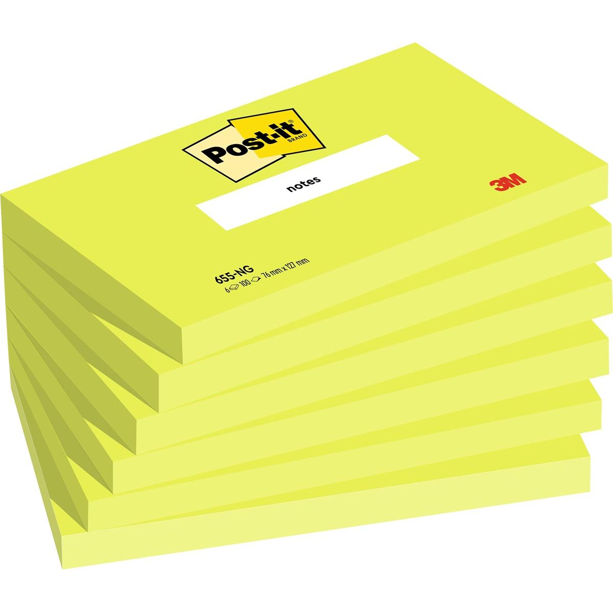 Post -it - Notizen, 100 Blätter, ft 76 x 127 mm, Neongroen, Packung mit 6 Blöcken