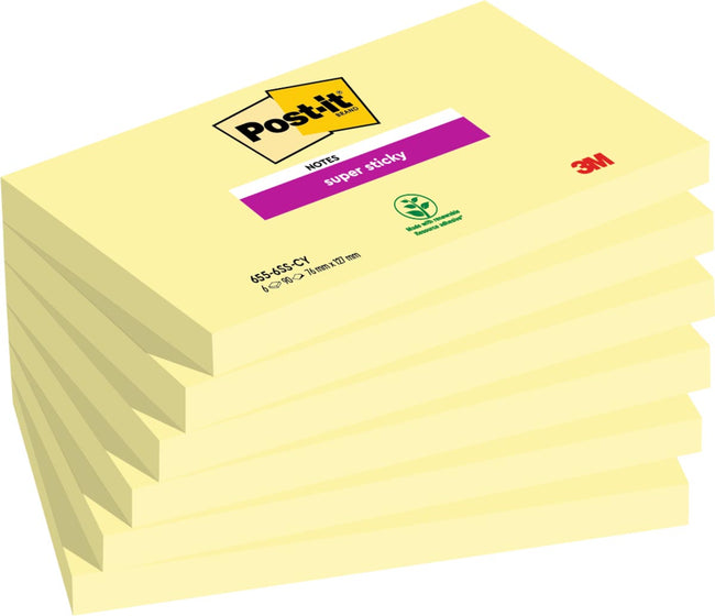 Post-it - Super Sticky notes, 90 vel, ft 76 x 127 mm, pak van 6 blokken, kanariegeel