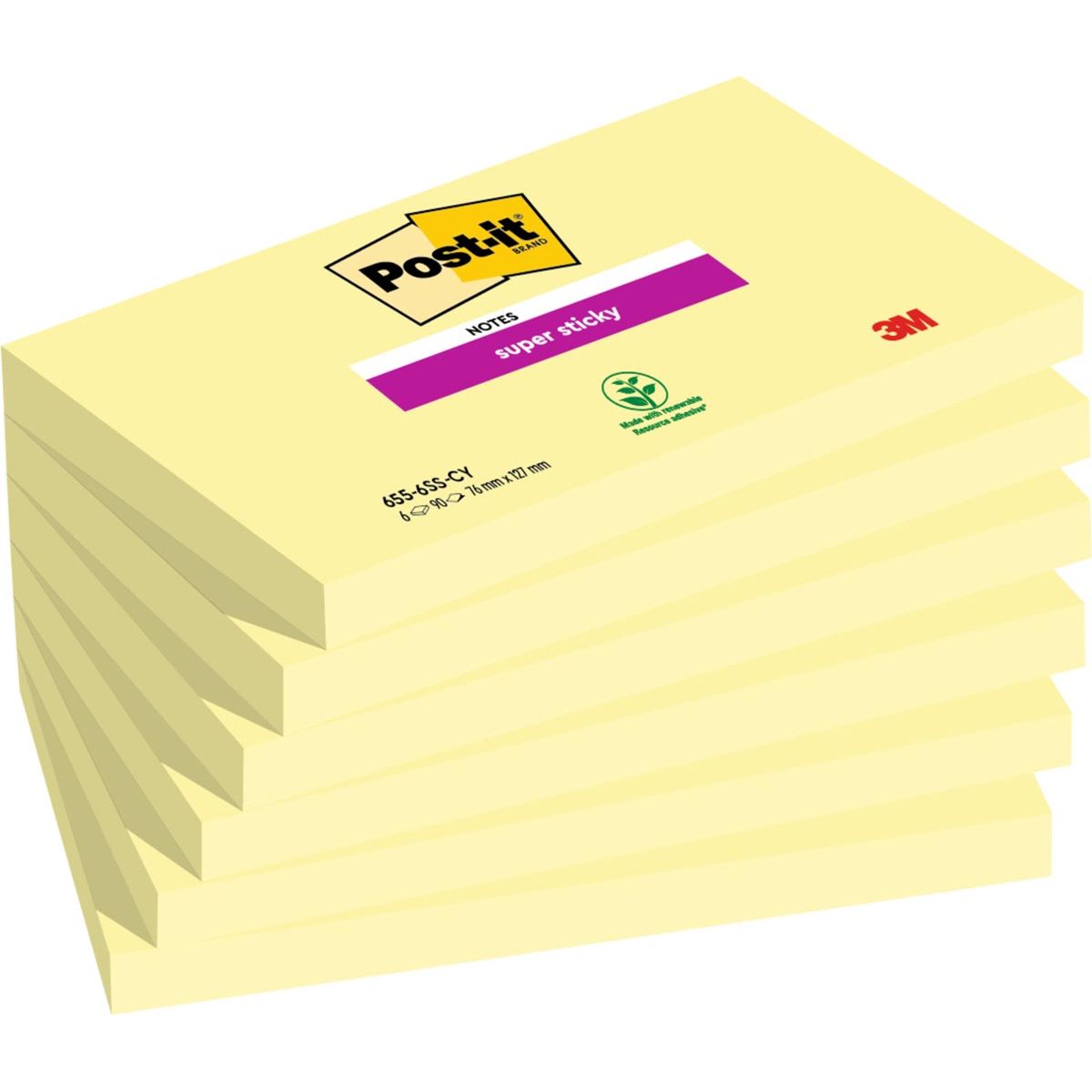 Post-it -  Super Sticky notes, 90 vel, ft 76 x 127 mm, pak van 6 blokken, kanariegeel