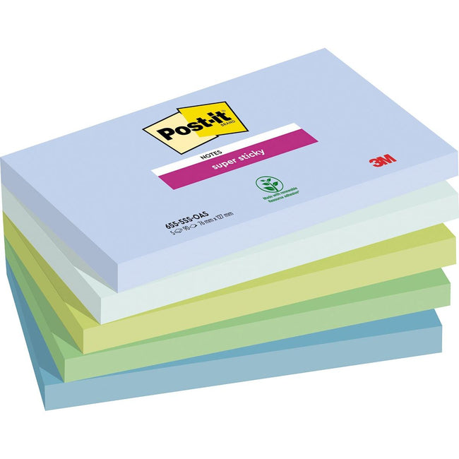 Post-it Super Sticky -  Super Sticky notes Oasis, 90 vel, ft 76 x 127 mm, geassorteerde kleuren, pak van 5 blokken