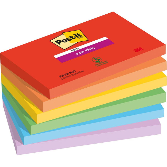 Post-it -  Super Sticky notes Playful, 90 vel, ft 76 x 127 mm, geassorteerde kleuren, pak van 6 blokken