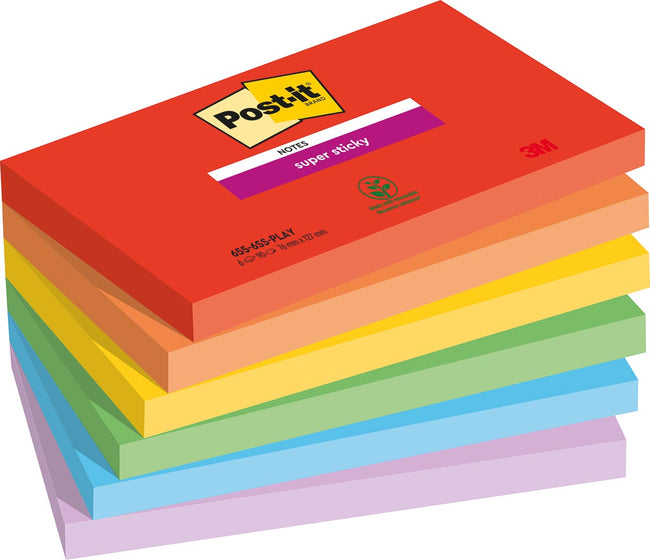 Post -it - Notes super collantes ludiques, 90 feuilles, FT 76 x 127 mm, couleurs assorties, pack de 6 blocs