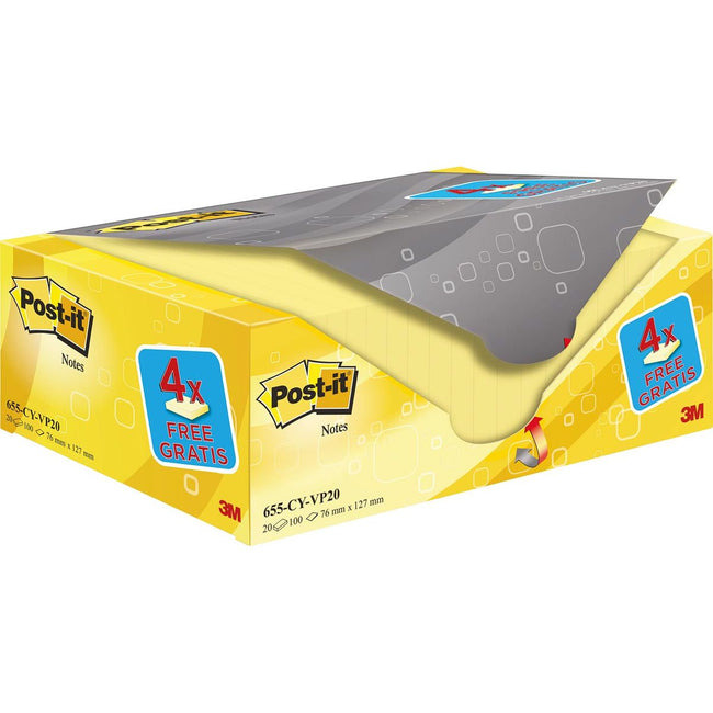 Post-it -  Notes, 100 vel, ft 76 x 127 mm, geel, pak van 16 blokken + 4 gratis
