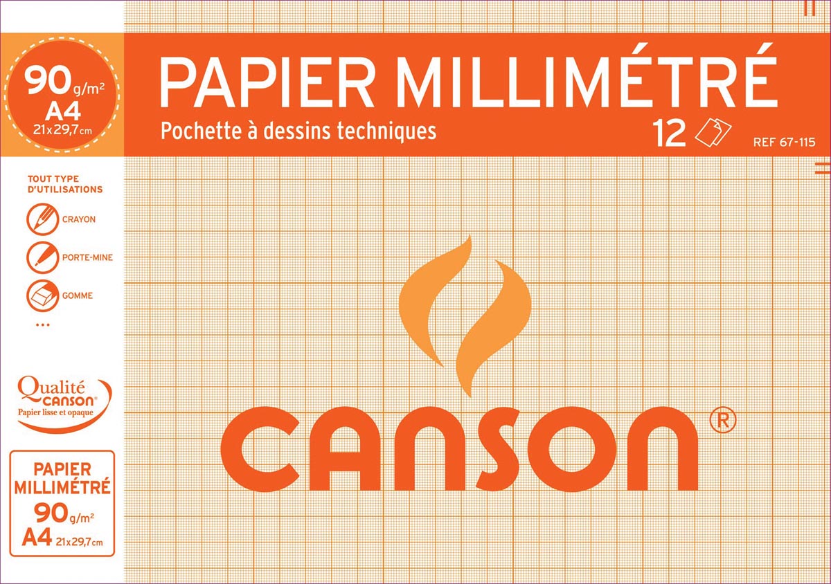 Canson - papier millimétré, paquet de 12 feuilles