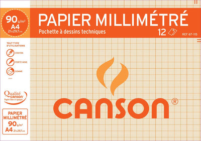 Canson - papier millimétré, paquet de 12 feuilles