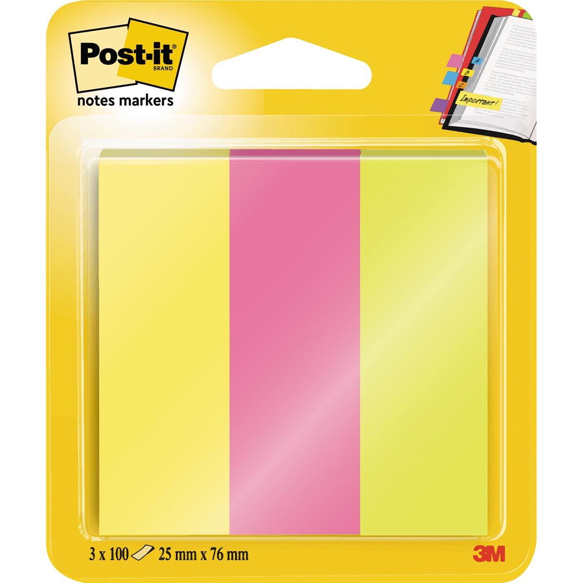 Post -it - notes marqueurs, ft 25 x 76 mm, boursier avec 3 x 100 feuilles, couleurs assorties