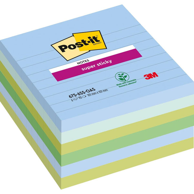 Post-it -  Super Sticky notes XL Oasis, 90 vel, ft 101 x 101 mm, gelijnd, geassorteerde kleuren, pak van 6 b