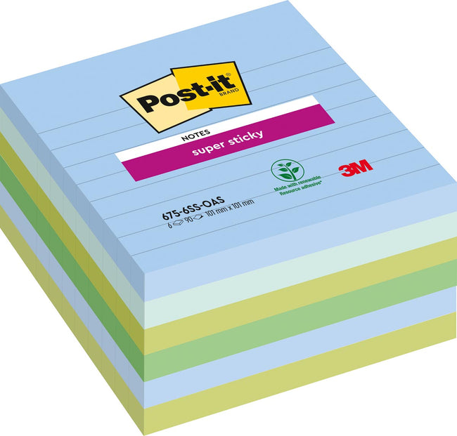 Post -it - Super Sticky Notes XL Oasis, 90 feuilles, FT 101 x 101 mm, doublées, couleurs assorties, paquet de 6 B