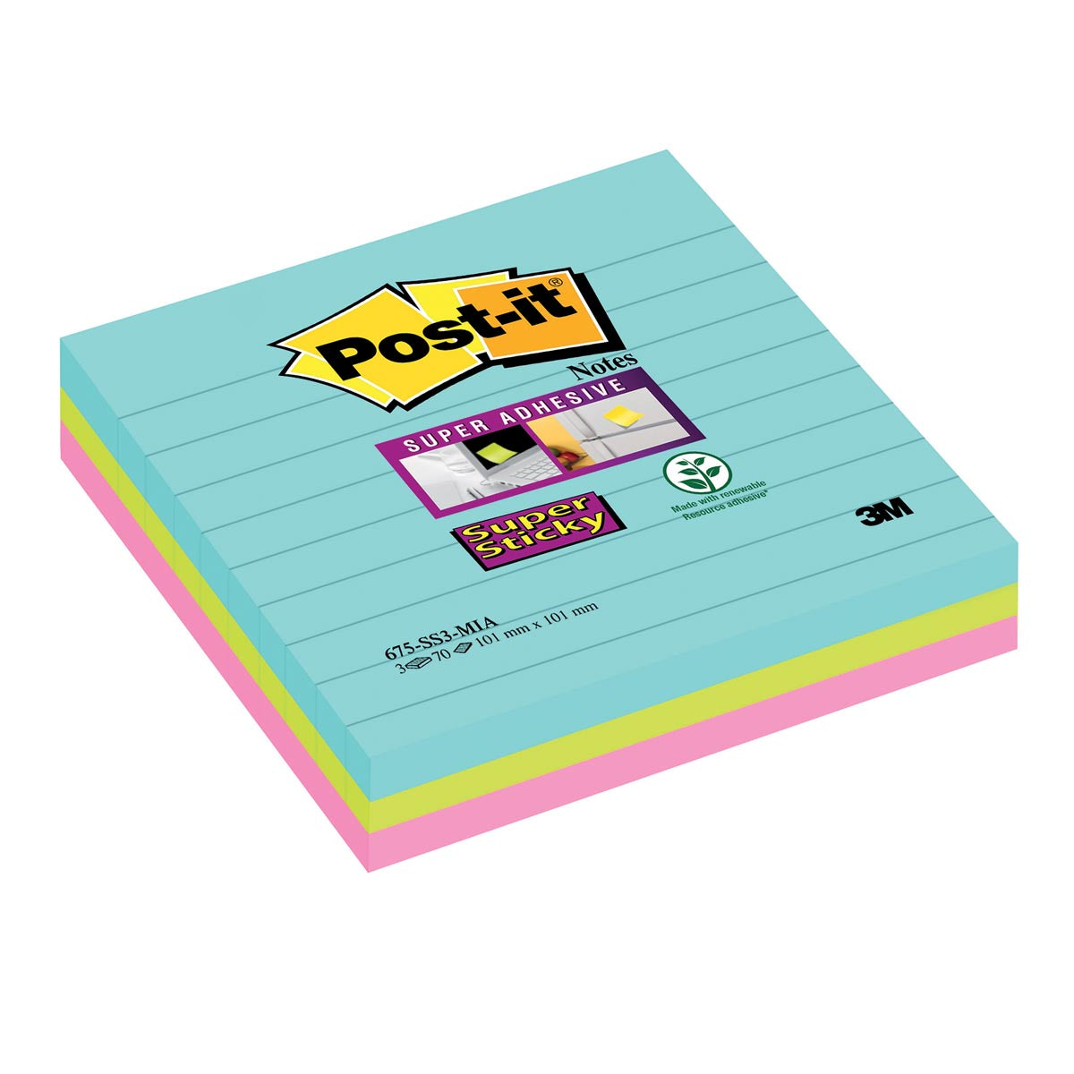 Post -it super klebry - Super klebrige Notizen XL Cosmic, 70 Blatt, ft 101 x 101 mm, ausgekleidet, verschiedene Farben, Pack von 3