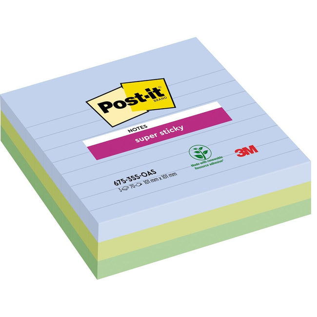 Post-it -  Super Sticky notes XL Oasis, 70 vel, ft 101 x 101 mm, gelijnd, assorti, pak van 3 blokken