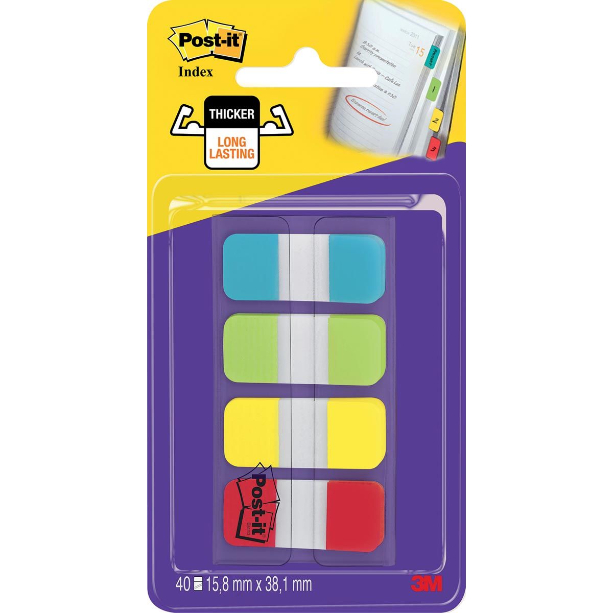 Post-it - indice Strong, ft 15,8 x 38,1 mm, blister da 4 colori, 10 tab per colore