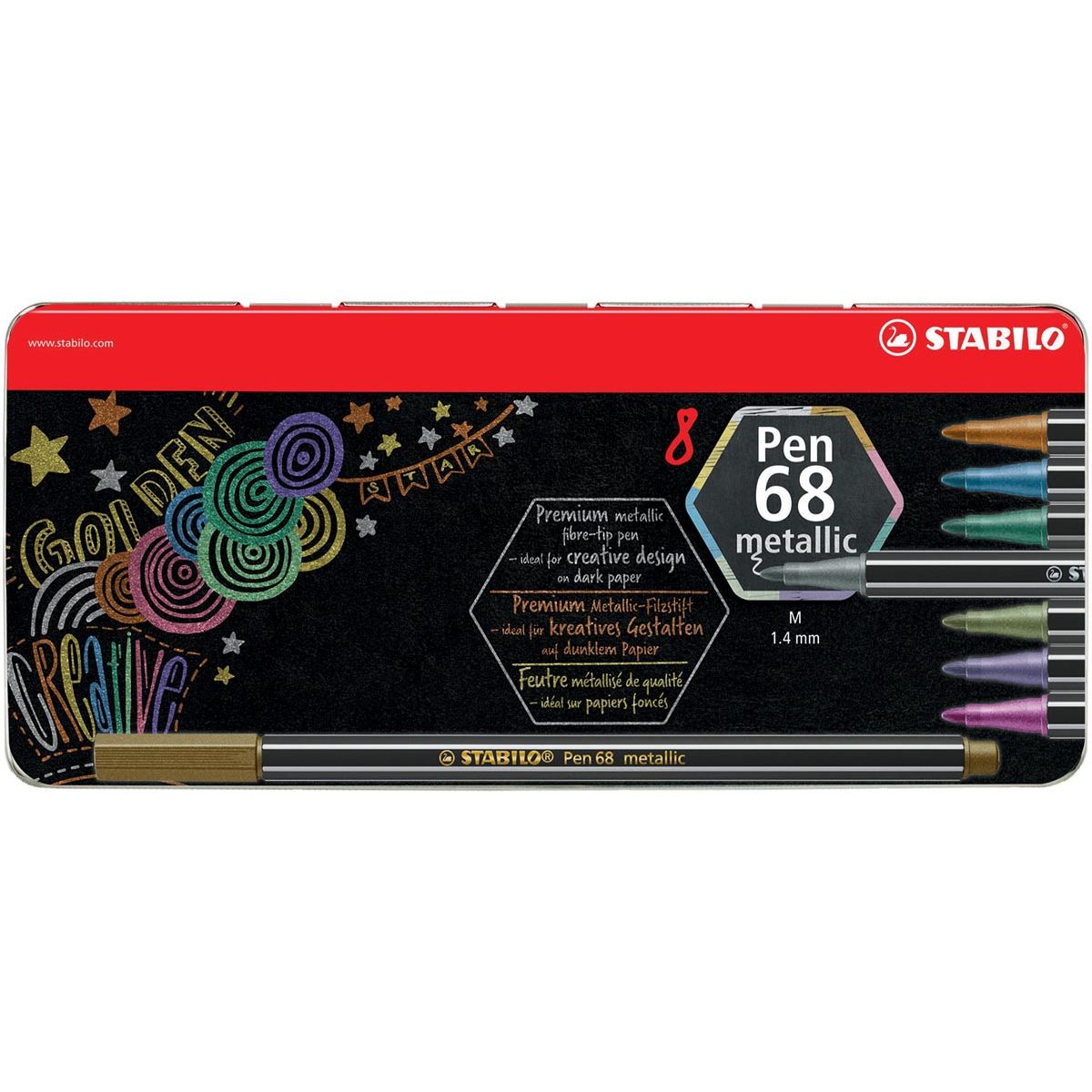 STABILO - Stylo feutre métallisé Pen 68, 8 couleurs, boîte métal de 8 pièces