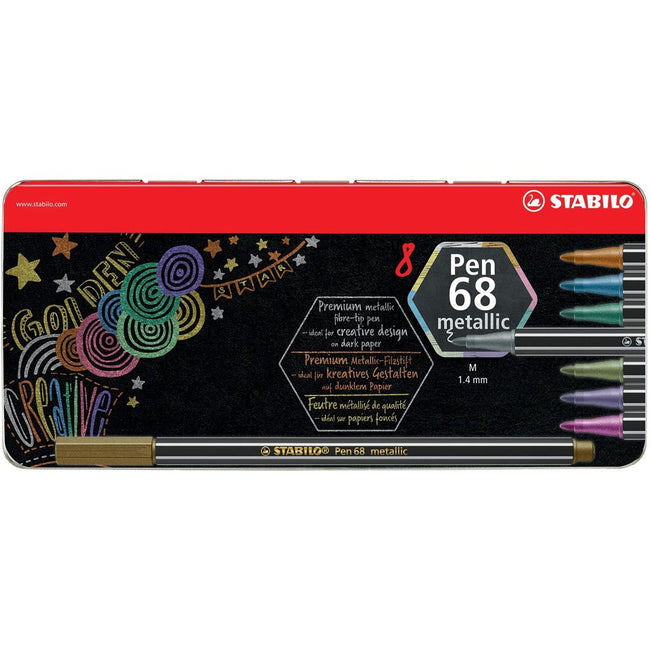 Stabilo - Stift 68 Metallic Felt -Tip Stift, 8 Farben, Metallbox mit 8 Teilen