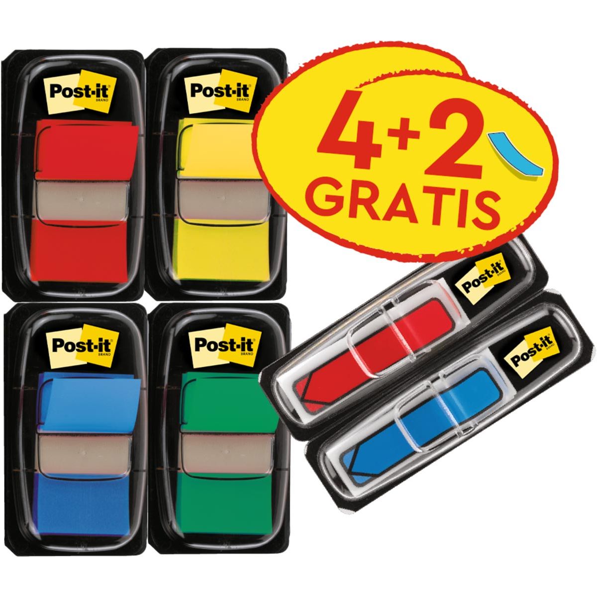 Post-it - index standaard, ft 25 mm x 43.2 mm, voordeelpack van 4 stuks + 2 x Index pijltjes