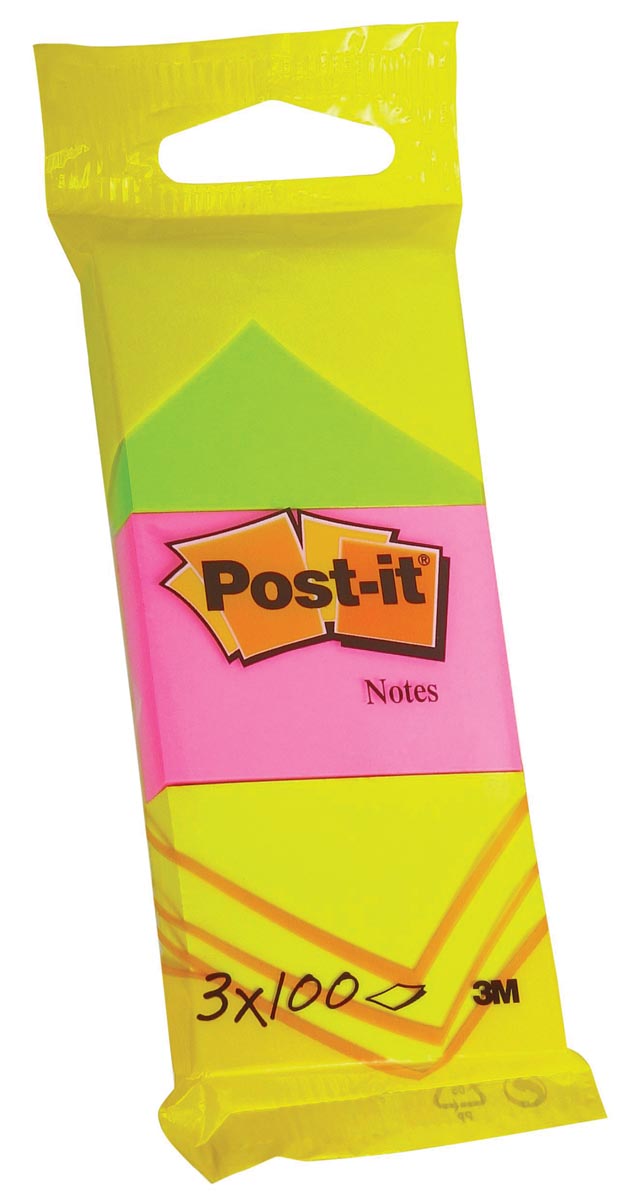 Post-it -  Notes, 100 vel, ft 38 x 51 mm, blister van 3 blokken in neongeel, guava roze en neongroen