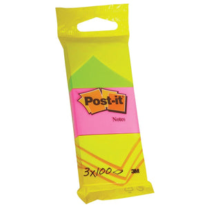 Post-it -  Notes, 100 vel, ft 38 x 51 mm, blister van 3 blokken in neongeel, guava roze en neongroen
