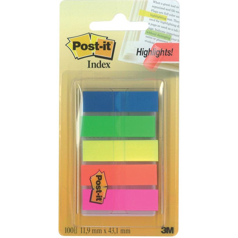 Post-it - index translucide, ft 11,9 x 43,2 mm, support avec 20 onglets de 5 couleurs différentes