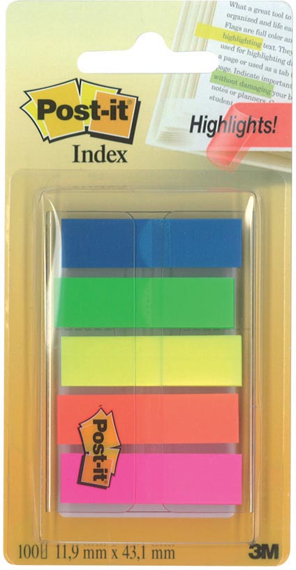 Post -it - Index translucide, FT 11,9 x 43,2 mm, support avec 20 onglets en 5 couleurs différentes