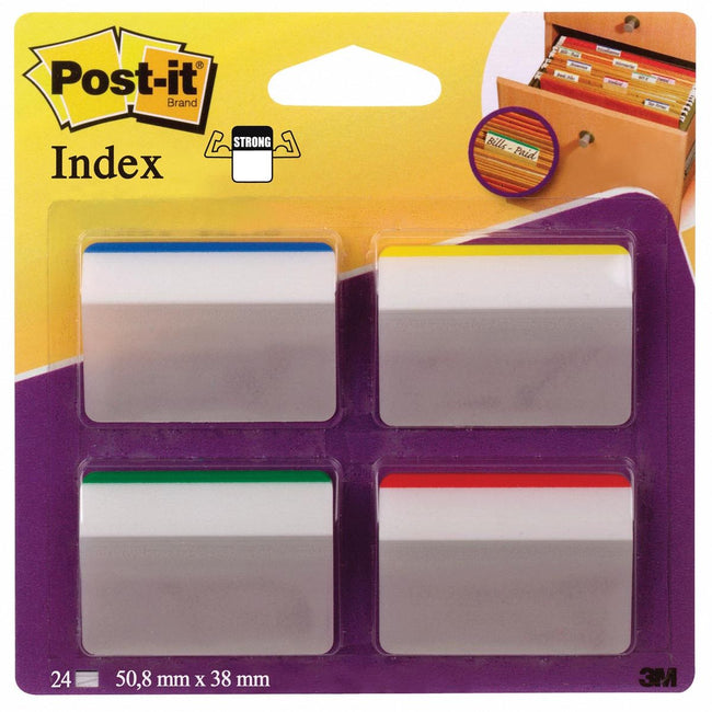 Post-it index -  Index Strong, ft 50,8 x 38 mm, voor hangmappen, set van 24 tabs, 4 kleuren, 6 tabs per kleur