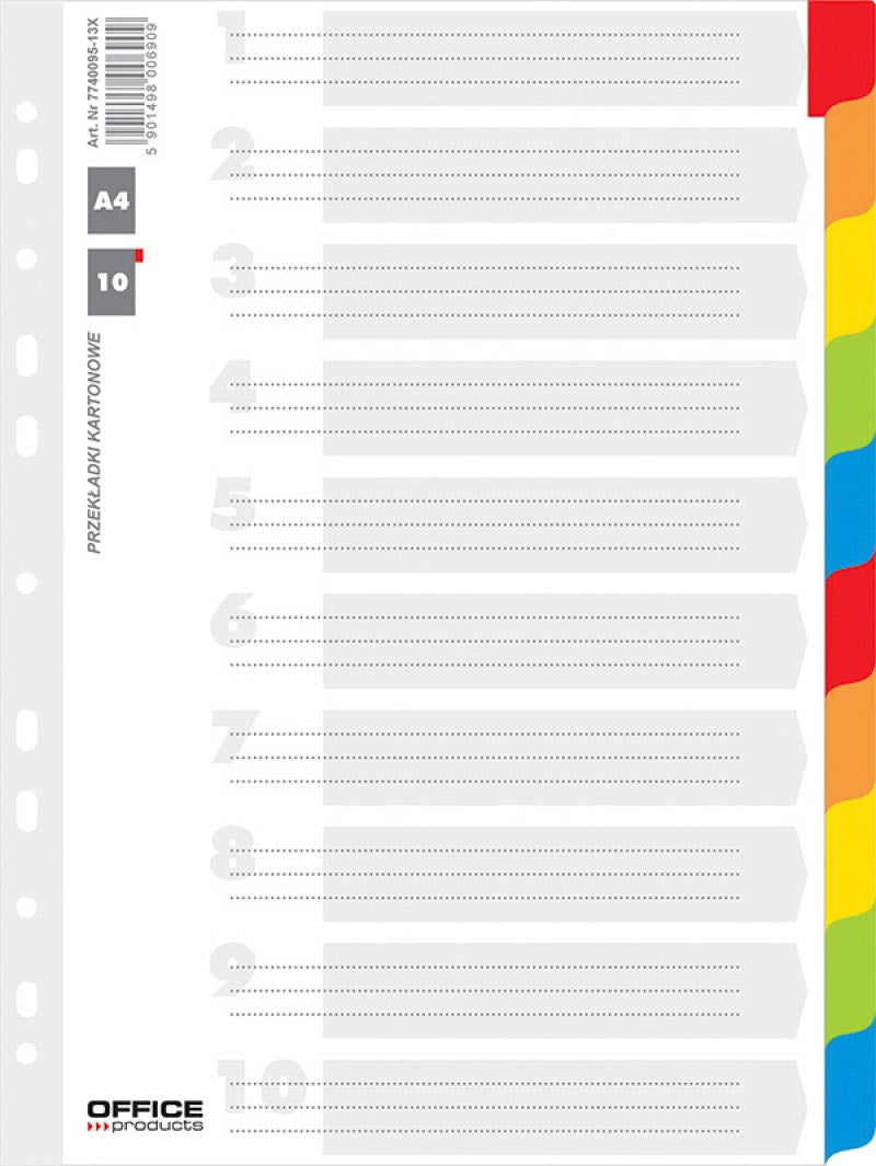 OFFICE products -   tabbladen, A4, karton, 11-gaatsperforatie, geassorteerde kleuren, 10 tabs