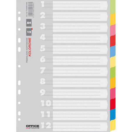 OFFICE products -   tabbladen, A4, karton, 11-gaatsperforatie, geassorteerde kleuren, 12 tabs