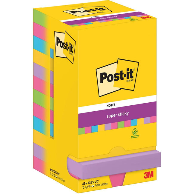 Post-it -   Super Sticky Notes, 90 vel, ft 76 x 76 mm, assorti, pak van 12 blokken