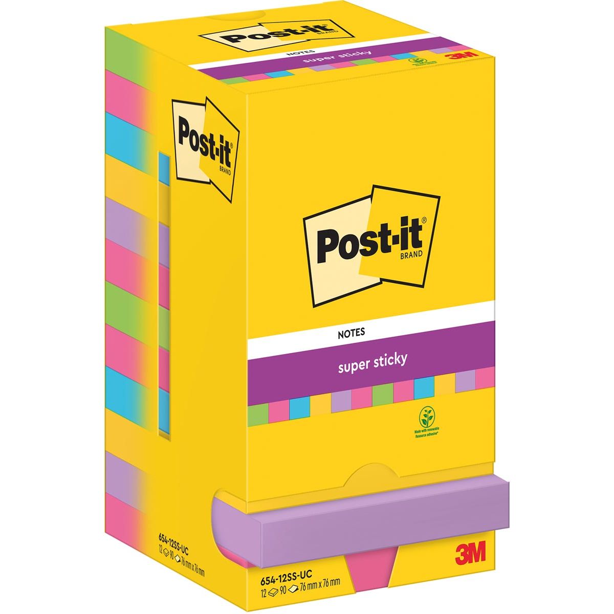 Post-it Super Sticky -   Notes, 90 vel, ft 76 x 76 mm, assorti, pak van 12 blokken