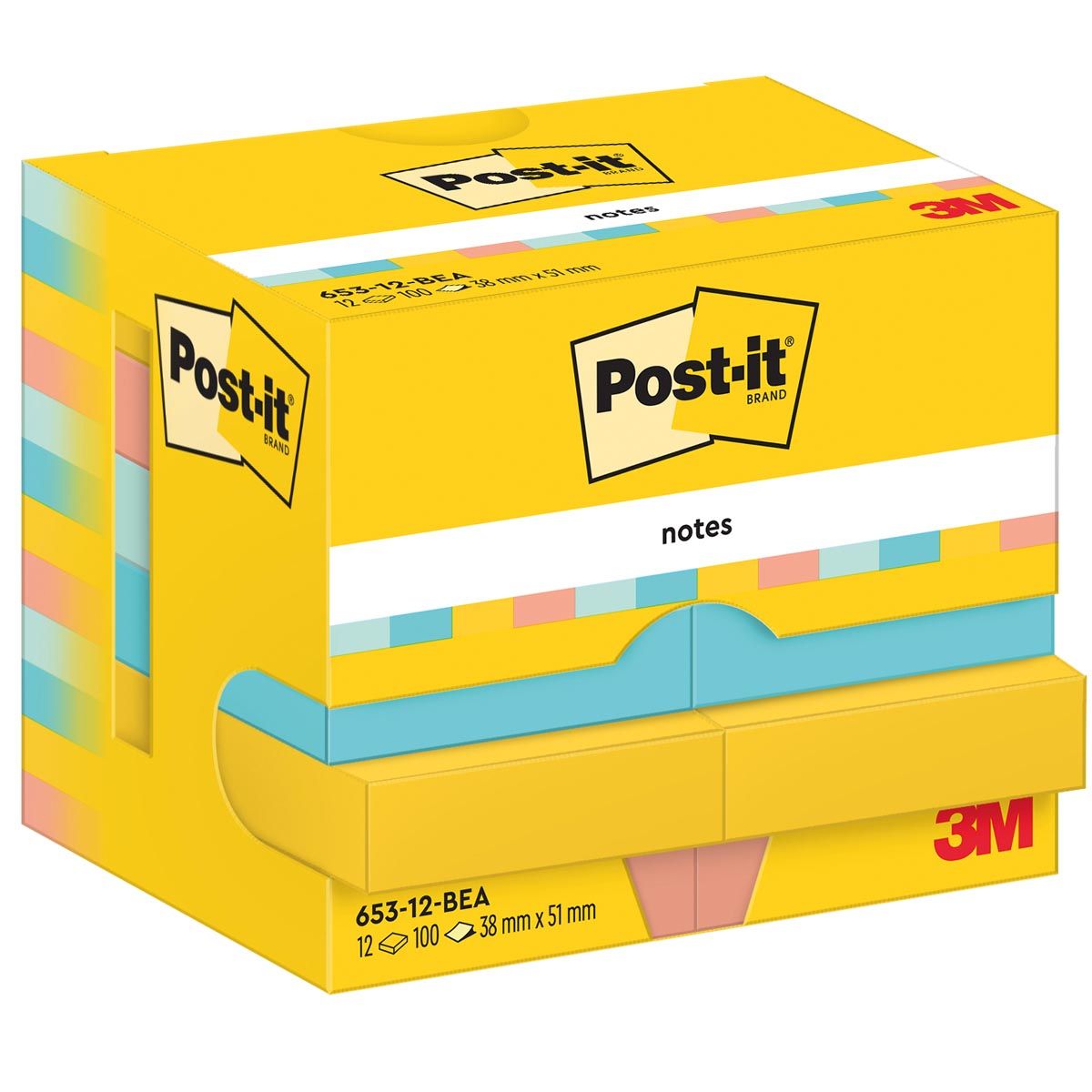 Notas Post-it - Beachside, 100 hojas, pies 38 x 51 mm, paquete de 12 blocs