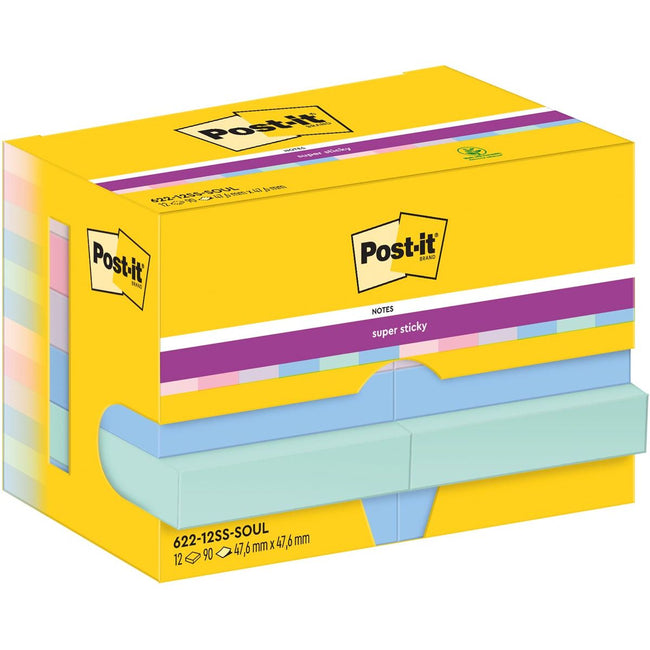 Post-it Super Sticky - Notes Soulful, 90 fogli, ft 47,6 x 47,6 mm, confezione da 12 blocchi
