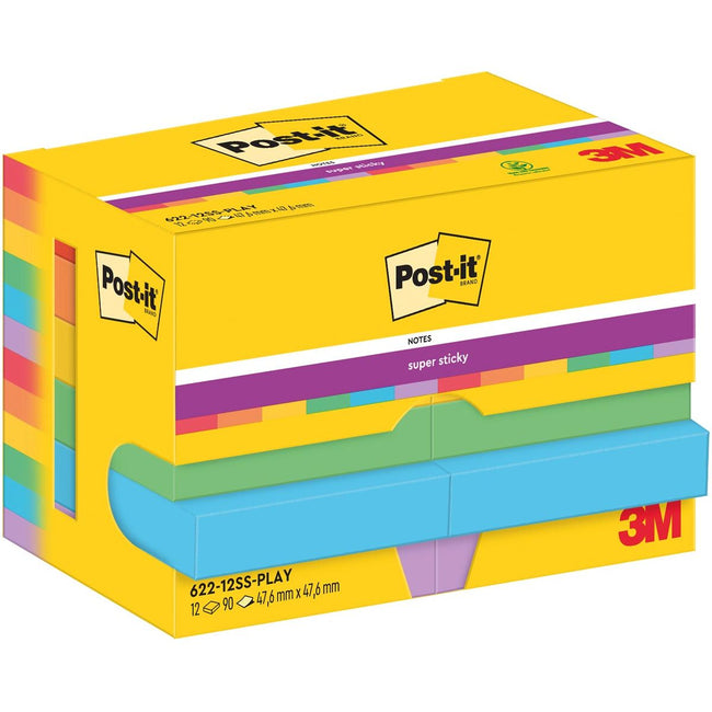 Post-it -   Super Sticky Notes Playful, 90 vel, ft 47,6 x 47,6 mm, pak van 12 blokken