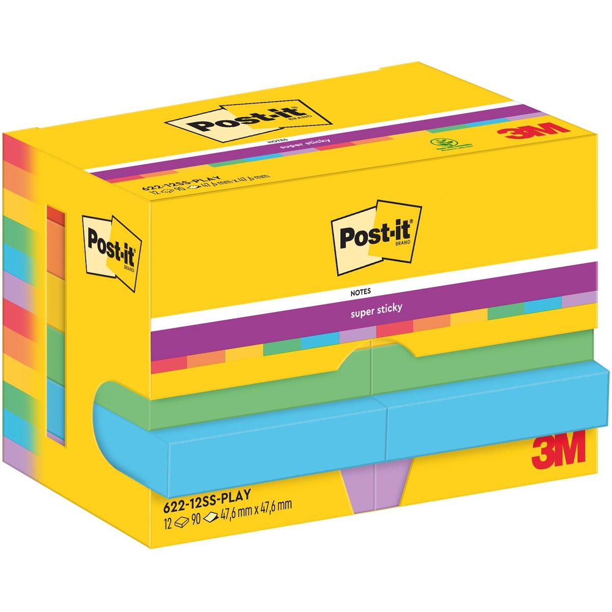 Post-it Super Sticky -   Notes Playful, 90 vel, ft 47,6 x 47,6 mm, pak van 12 blokken