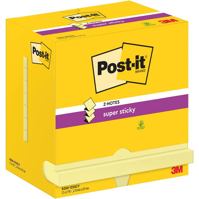 Post-it Super Sticky -   Z-Notes, 90 vel, ft 76 x 127 mm, geel, pak van 12 blokken