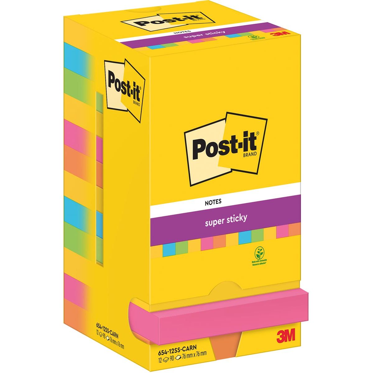 Post-it Super Sticky - Notes Carnaval, 90 feuilles, pi 76 x 76 mm, paquet de 12 blocs