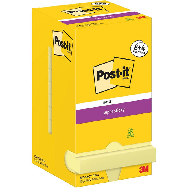 Post-it - Post-It Super Sticky Notes, 90 vel, ft 76 x 76 mm, geel, 8 + 4 GRATIS