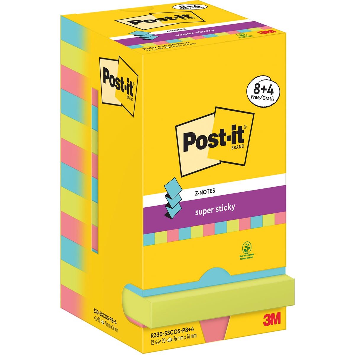Post-it Super Sticky - Z-Notes Cosmic, 90 hojas, pies 76 x 76 mm, 8 + 4 GRATIS