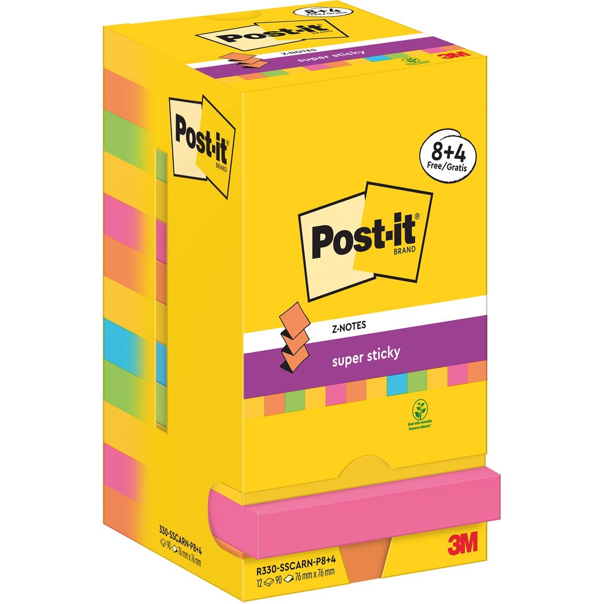 Post-it Super Sticky -   Z-Notes Carnival, 90 vel, ft 76 x 76 mm, 8 + 4 GRATIS