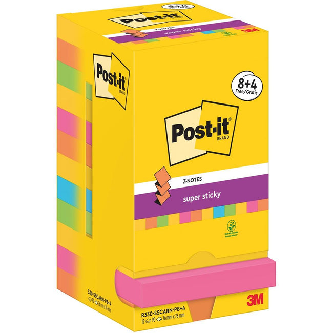 Post-it Super Sticky - Z-Notes Carnival, 90 fogli, ft 76 x 76 mm, 8+4 GRATIS