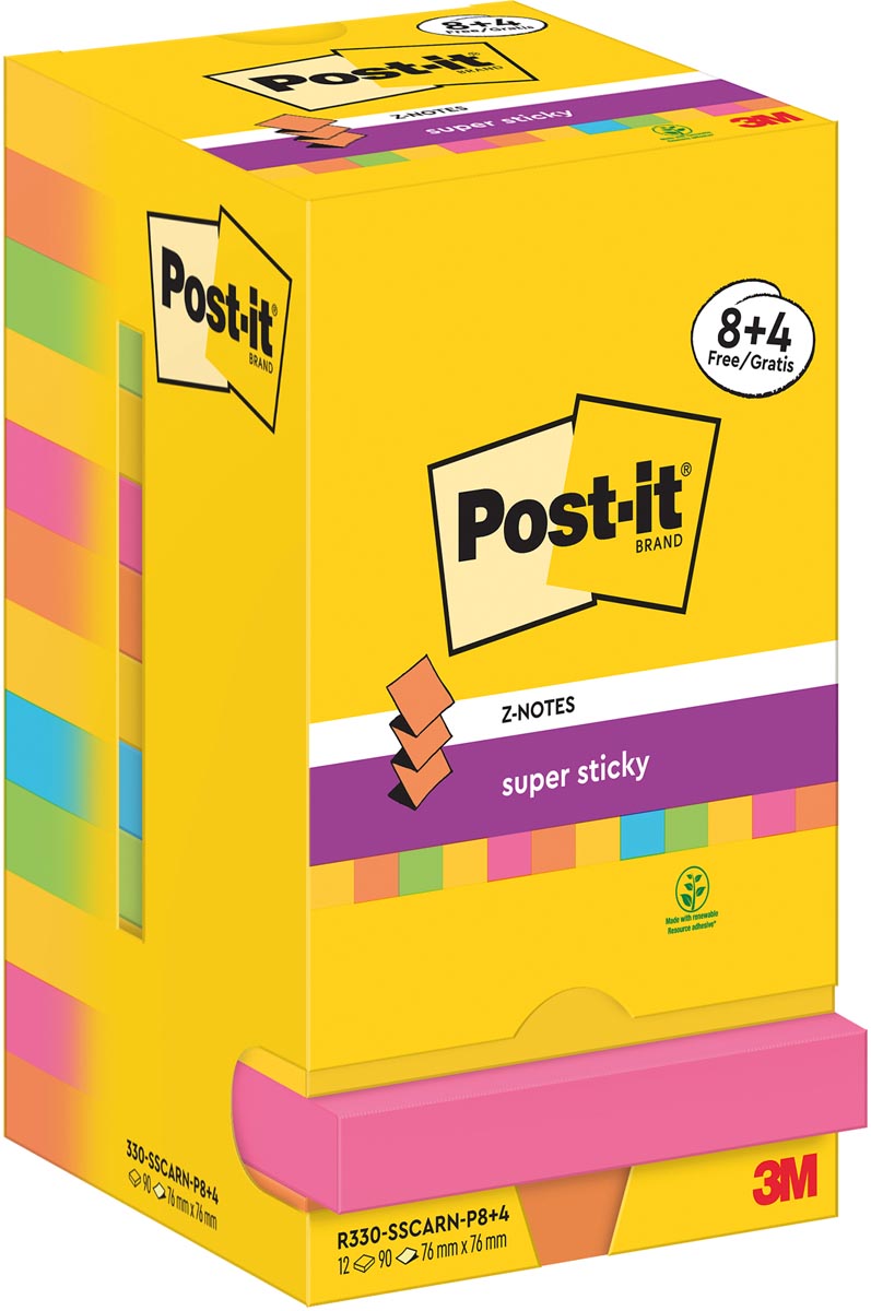 Post-it Super Sticky -   Z-Notes Carnival, 90 vel, ft 76 x 76 mm, 8 + 4 GRATIS