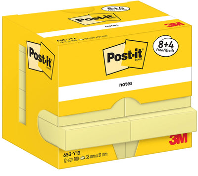 Post-it notes - , 100 sheets, ft 38 x 51 mm, yellow, 8 + 4 FREE