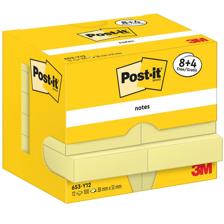 Post-it - , 100 fogli, ft 38 x 51 mm, giallo, 8 + 4 GRATIS