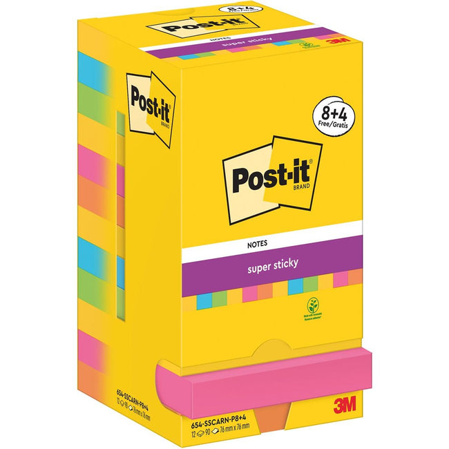 Post-it - Post-It Super Sticky Notes Carnival, 90 vel, ft 76 x 76 mm, 8 + 4 GRATIS