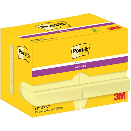 Post-it - Super Sticky Notes, 90 feuilles, pi 47,6 x 47,6 mm, jaune, paquet de 12 blocs