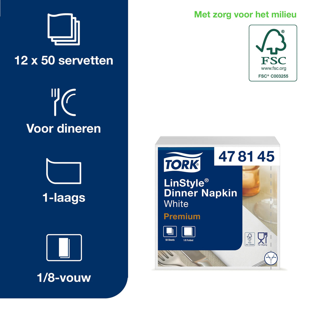 Tork -  Dinerservet linstyle premium wit 478180 | 14 stuks